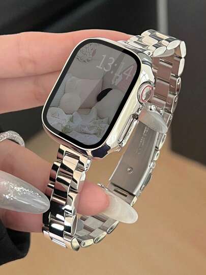 2-In-1 Women's Strap Set For Apple Watch, Compatible With Apple Watch Case: 14mm Narrow Silver Metal Band And Protective Case, Compatible With Apple Watch Ultra/Series 3/2/1/SE/S10/S9/S8/S7/S6/S5/S4/S3/S2/S1, Size 38mm/40mm/41mm/44mm/45mm/46mm. Accessory Strap And Case Compatible With Apple Smartwatch.