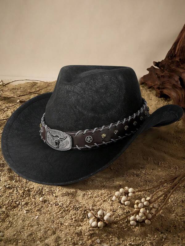 Unisex Boho Jazz Cowgirl Hat – Vintage Western Cowboy Hat With Cattle Head & Belt Decoration, Handmade Soft Felt Panama Fedora, Wide Brim, Retro For Parties