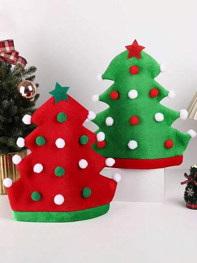 1顶圣诞树绒球装饰派对帽，2顶节日趣味帽子，适合作为节日派对礼物