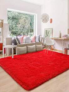 1pc Plush Solid Color Carpet, Soft & Skin-Friendly, Fluffy Washable Carpet Suitable For Living Room, Bathroom, Bedroom, Office, Decorative Rug - Red - View 4