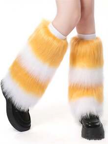 Women Faux Fur Furry Leg Warmers Girls Knee High Thick Socks Winter Boot Cuffs Cover Plush Ravewear Party Costumes - 黑綠 - 查看 7