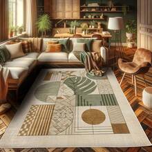 Retro Mid Century Abstract Pattern Rug On Ivory Background, Dark Orange And Reseda Green, 4' X 5' 5", Ideal For Bedroom, Dorm And Living Room - 譚薑和月桂綠 - 查看 2
