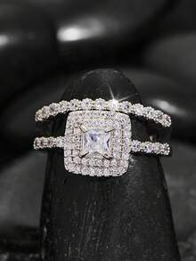 2pcs Luxury Fashion Women's Ring Set, Inlaid With Sparkling White Synthetic Cubic Zirconia, Multi-Element Design, Women's Wedding Engagement Fine Jewelry, Elegant Party & Wedding Accessories, Romantic Gift