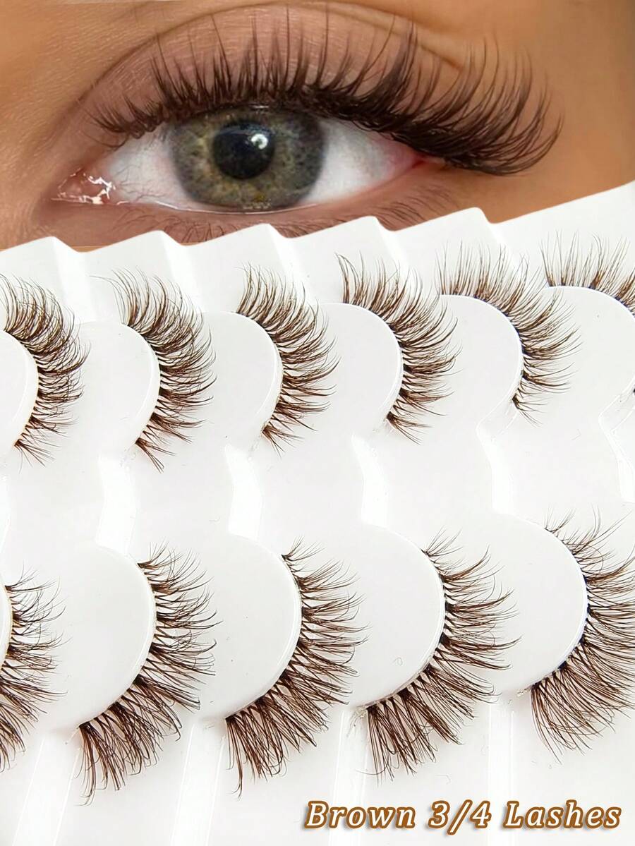 Asiteo 6 Pairs Fluffy Brown False Eyelashes, Transparent Eyelash Stems, Invisible Eyelash Bands, Natural Criss-Cross Curly Cat Eye Lashes, Brown Fox Eye Effect Faux Mink Lashes, Suitable For Daily Eyelash Extension Makeup, Strip Lashes, Eyelashes, False Eyelashes - Cat Eye Lashes - View 1