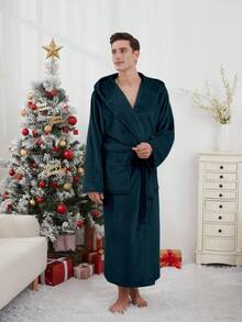 1件加厚法兰绒秋冬柔软舒适情侣双口袋奢华抓绒蓬松保暖连帽浴袍男士 - 墨綠色 - 查看 5