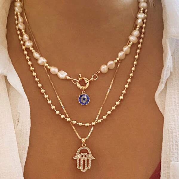 1pc Layered Faux Pearl Necklace With Rhinestone Evil Eye & Hamsa Hand, Vintage Exquisite Elegant Jewelry For Daily, Date & Party