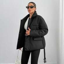 Veste matelassée mi-longue à col cheminée, manches longues, couleur unie, pour femmes, avec fermeture éclair et poches, convient pour le port quotidien en hiver - Noir - Voir 4