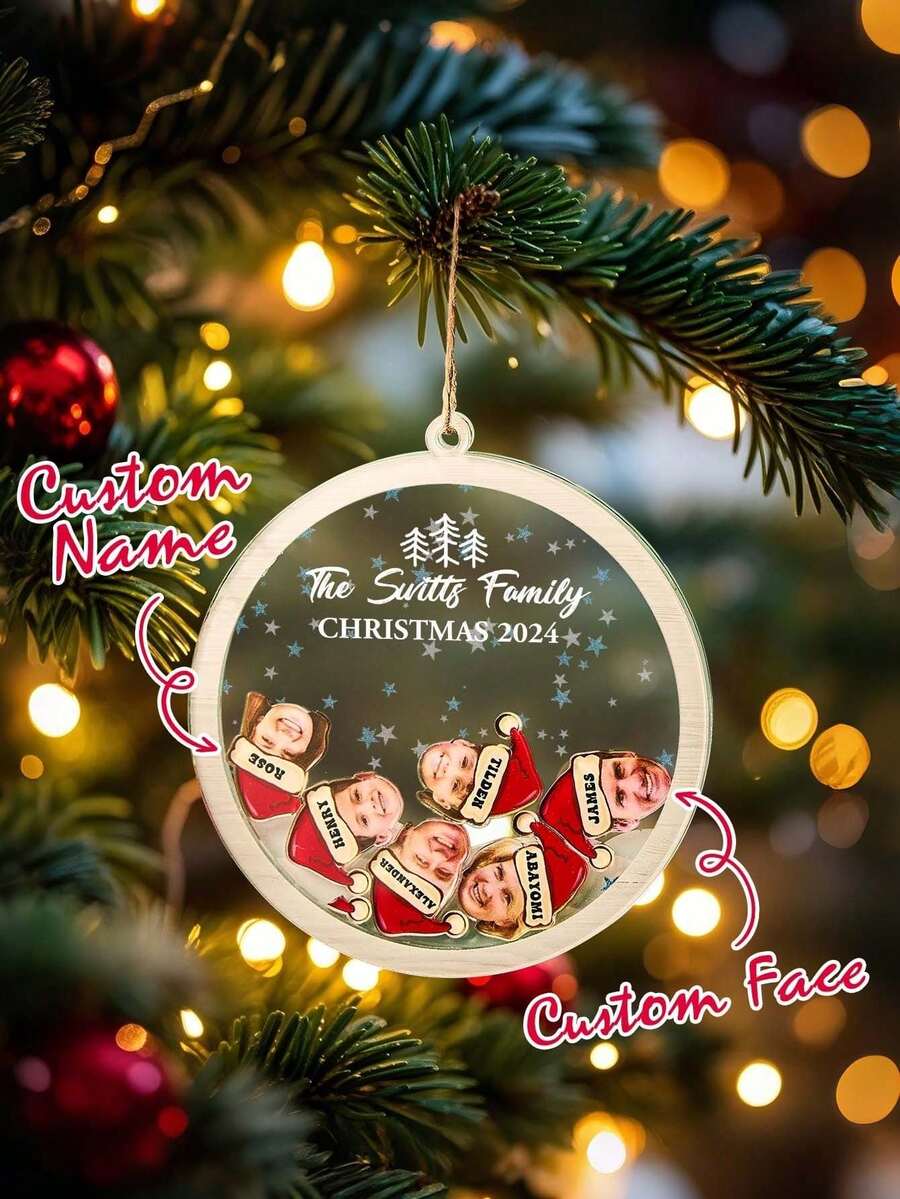 1pc Custom Face Christmas Ornament, Personalized Family Faces Ornament, Shake Ornament 2024 Christmas Gift For Family, House Shape Hanging Accessories Ornaments Memorial Decoration, Custom Ornament, 1-6 Portraits, Scene Decor, Room Decor, Home Decor, Christmas Holiday Party Decor, Christmas Decor, Best Gift For Christmas Holiday, Best Christmas Gift, Gift For Dad/Mom/Her/Him/Girlfriend/Boyfriend, Anniversary Gift, Housewarming Gifts - Santa Hat - View 1