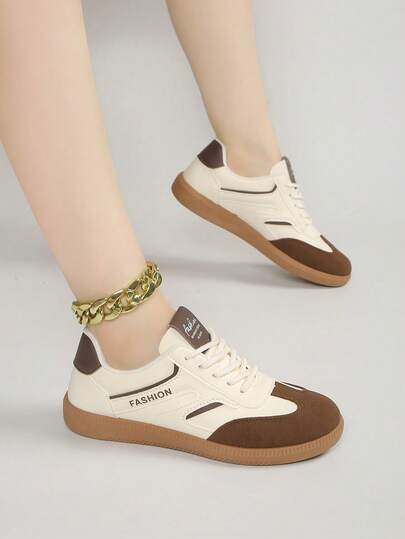 Women's Multifunctional Fashion Casual Shoes, Flat Non-Slip Lace-Up Round Toe Rubber Sole Casual Sneakers, Black Khaki Color Block, Daily Wear Shoes, Casual Shoes, Size 36-41, Fashion German Training Shoes, White Grey