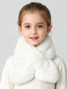 1pc Girls' Solid Color Fluffy Leaf Crossover Neck Warmer - Thick & Warm Fuzzy Children's Scarf, Soft Fur Outdoor Cold Protection Neck Wrap, Suitable For 4-14 Years Old Kids, Christmas Scarf