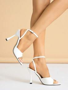女士高跟凉鞋，时尚派对、T台、约会、校园、聚会鞋，白色细高跟鞋，方头，可调节绑带，露趾，亮面材质，优雅，适合圣诞节，时尚高跟舞鞋 - 白色 - 查看 4