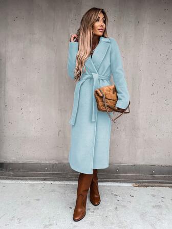 Dam höst och vinter ny enfärgad långärmad ytterplagg med enkel bälte