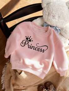 1 قطعة ملابس علوية رياضية بطبعة كرتونية وياقة طاقم، ملابس علوية دافئة وناعمة للبنات الصغيرات، للخريف والشتاء - وردي - مشاهدة 1