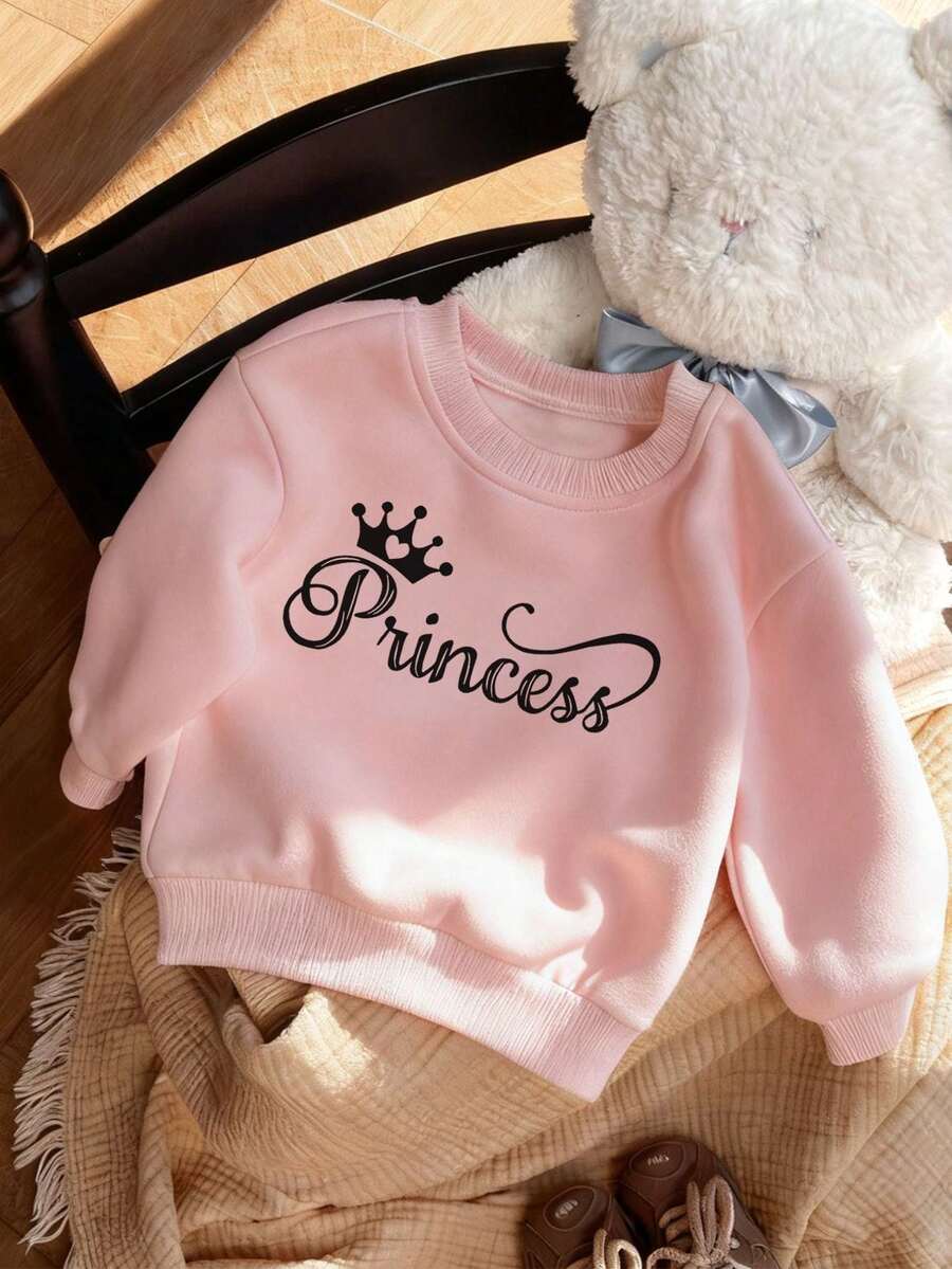 1 قطعة ملابس علوية رياضية بطبعة كرتونية وياقة طاقم، ملابس علوية دافئة وناعمة للبنات الصغيرات، للخريف والشتاء - وردي - مشاهدة 1