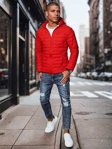 Veste matelassée à capuche pour homme, une veste de transition légère avec une coupe zippée, des poches pratiques et une bordure élastique, une veste élégante pour le quotidien et le style urbain - Rouge - Voir 2