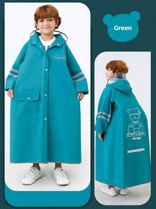 儿童带帽雨衣，带背包储物空间 - 绿松石色 EVA 全身雨衣，适合男孩和女孩，可重复使用，弹性袖口，拉链闭合，小熊和“RAIN BEACH”图案，非常适合上学、户外活动和休闲穿着。