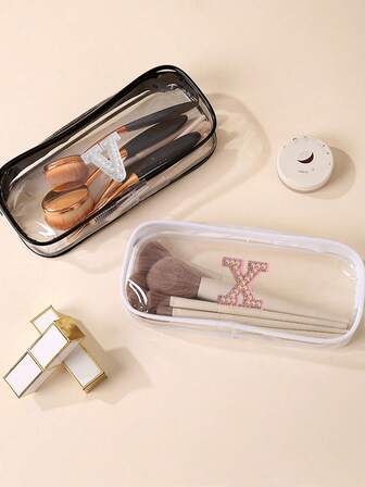 1pc Faux Pearl Alphabet Transparent Cosmetic Bag, 26 Letters, Makeup Bag, Clutch, Toiletry Bag, Pencil Case, Gift Bag, Suitable For Mothers, Daughters, Best Friends, Teachers, Essential For Graduation Season And Holidays, Transparent PVC Zipper Pouch, Large Capacity Travel Toiletry Bag, Suitable For Office Supplies And Travel Storage, Home Organization Baskets, Boxes And Containers, Travel Makeup Bag, Travel Accessories, Travel Organizer, Back To School, School Supplies, Pencil Case, Backpack