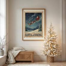 لوحة جدارية بطباعة سانتا كلوز بلا إطار مع زلاجة، "سانتا قادم" ، ديكور جداري لغرفة المعيشة وغرفة النوم وغرفة السكن، مجموعة ملصقات أعياد الميلاد وفن سانتا كلوز، طباعة احتفال الشتاء