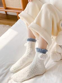 Sanrio 4 Pairs Women's Autumn/Winter Coral Fleece Cute Cartoon Hello Kitty, My Melody, Kuromi, Cinnamoroll Pattern Fashion Warm Comfortable Sleepwear Mid-Calf Socks