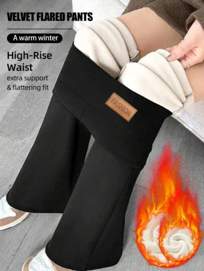 Women'S High Waist Flare Pants - Tummy Control & Butt Lifting Design, Super Soft Thick Fleece Lining For Winter, Solid Color, Hand Wash, Casual & Comfortable, High Stretch Tights