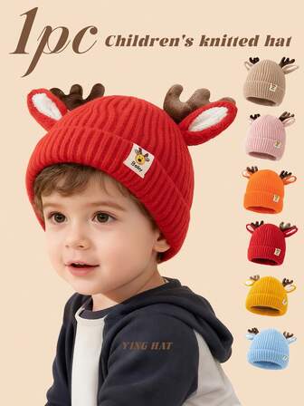 1pc Toddler Christmas Knit Hat With Cute Animal Ear & Antler Decor, Warm Winter Beanie For Daily Wear, Children's Holiday Gift, Suitable For Christmas, New Year Outfit And Gift