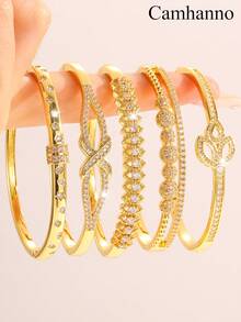 Camhanno 5/1 件迷人时尚 - 前卫铜手链套装，饰有复杂多样的图案细节，增添现代感，为您的外观带来活力，非常适合派对和聚会场景，展现活泼的氛围 - 金色 - 查看 4