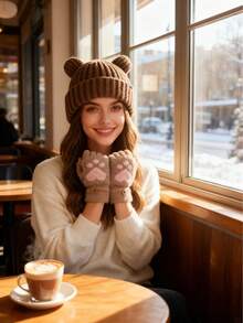 2 Pieces/Set: Cute Little Bear Ear Knitted Hats For Autumn And Winter, Ladies' Winter Hats, Plush Warm Hats, Plush Winter Half-Finger Flap Warm Thickened Mink Gloves, Soft Knitted Hat Warm Set With A Large Head, Christmas Accessories, Christmas Gifts For Family And Friends