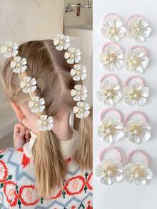 10/20pcs Cute Pearl Flower Scrunchies Hair Ties, Pink