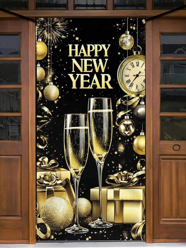 1pc New Year Door Banner, Elegant Black Gold Champagne Balloon Clock Pattern Design Party Background, Porch Decor, Indoor Outdoor Home Decor, Suitable For New Year Party Decorations