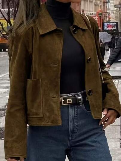 女士长袖翻领棕色衬衫式外套，带口袋，常规长度，梭织面料，无弹力