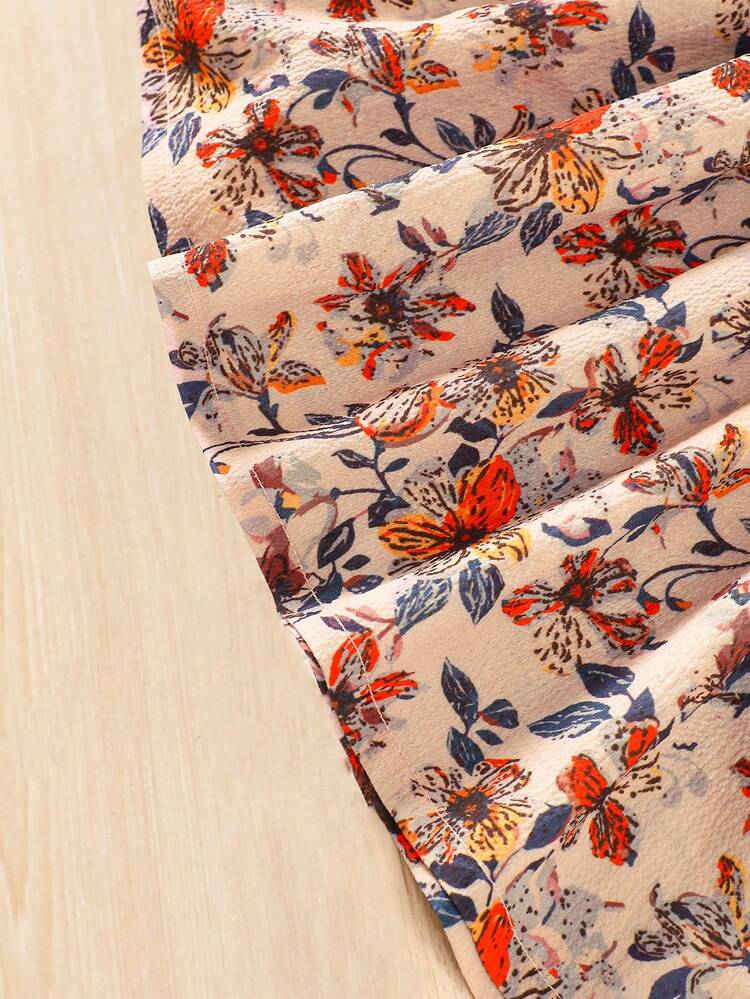 Vestido ligero casual para exteriores con estampado floral diminuto y lazo en la cintura para niña, primavera/verano - Marrón - Añade 7