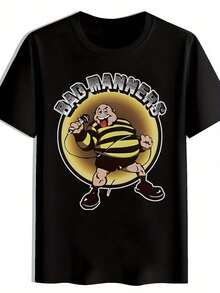 [Men's Rock T-Shirt] Retro Rock Band Men's Black "Bad Manners" Graphic T-Shirt |     Short Sleeve Crew Neck, Casual Summer Tee Music Fans, Beach, Vacation, Festival, Or Gift |     Cartoon Print Shirt, Comfortable Fit, Rock T Shirt - Black - View 2