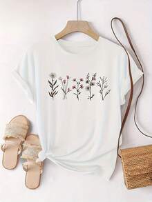 Women's T-Shirt Feather Glasses Print Round Neck T-Shirt, Spring Summer Comfortable Short Sleeve Casual Top, Women's Short Sleeve T-Shirt - White - View 2