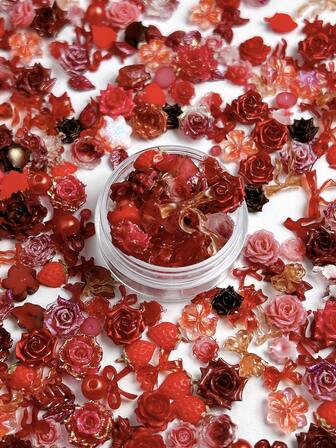 1Box Random Mixed ABS Red Soft Flowers Nail Charms 3D Camellia Peony Rose Strawberry Red Soft Bow Transparent Ribbon Bowknot Suitable For Valentine's Day Christmas And New Year Versatile Nail Art Accessories DIY