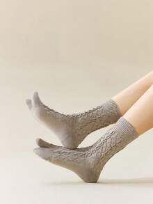 1/3/6 Pairs Women Solid Color Two-Toe Socks, Autumn/Winter Merino Mid-Calf Socks, Women Diamond Grid Toe Socks - Multicolor - View 7