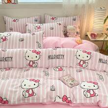 Juego de ropa de cama de 3 piezas con estampado lindo de Sanrio - Hello Kitty (1 funda nórdica + 2 fundas de almohada, sin relleno) tamaño completo, suave y cómodo, adecuado para dormitorio, hogar, hotel, todas las estaciones, con cierre de cremallera y funda de almohada, multicolor, ropa de cama extra grande, juego de funda nórdica extra grande