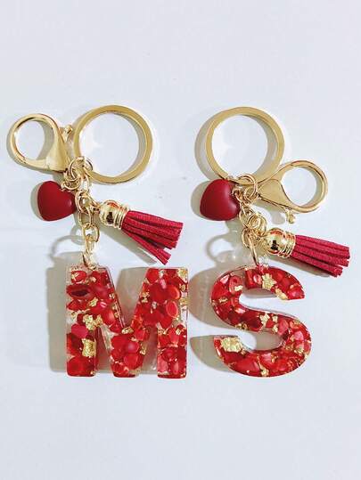 26 opciones de llavero con inicial en epoxy rojo, llavero con borla en forma de corazón, accesorio de moda para bolso, llavero, colgante, recuerdos de fiesta, adecuado como regalo para amigos en Navidad