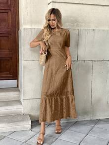 Vestido Longo Lese Forrado com Elástico na Cintura Detalhes Bordados - Caqui - Visão 4