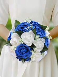 1 束优雅的海军蓝和白玫瑰新娘花束，配缎带，适合新娘、伴娘、花童、草坪婚礼，人造 PE 泡沫玫瑰花束，永生花 PE2418C - 手捧花 - 查看 4