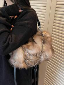 1 geantă de umăr pentru femei, din blană artificială, cu buline, culoare cafea, ombre, cu lanț, la modă pentru toamnă/iarnă