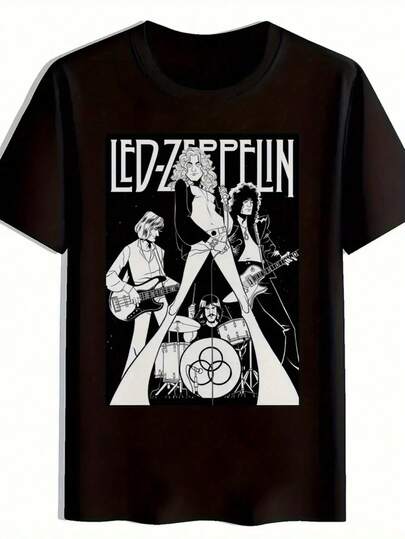 Camiseta con diseño de banda icónica - Camiseta de cuello redondo con estampado gráfico de rock vintage, mezcla de 95% algodón y 5% elastano, ajuste regular, ropa de calle unisex para hombres y mujeres, lavable a máquina, atuendo casual, ropa para fanáticos de la música, diseño de música retro, tela cómoda, atuendo de ocio, material transpirable, camiseta de manga corta, amantes del estilo callejero