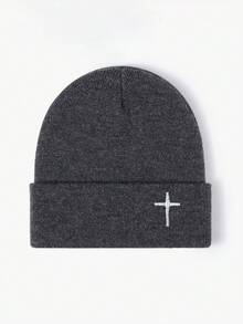1 Stück Kreuz bestickter gestrickter Beanie, Y2K Stil Outdoor warmer Lässig vielseitiger Winterhut, geeignet für den täglichen Gebrauch