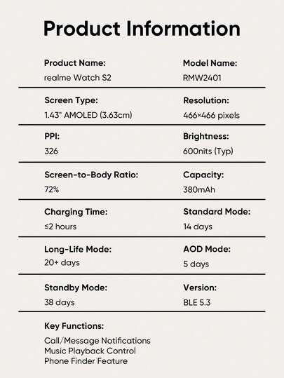 Realme S2 Watch, 1.43" AMOLED Display, IP68 Dust Water Resistance, Customisable Horloge Faces, AI Customised Health Tracking, Super Engine Upto 20 Days Battery Smartwatch view 8
