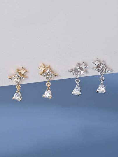 1 pereche cercei stud din argint sterlin S925, drăguți și delicați, cu stea strălucitoare cu patru colțuri și zirconiu, pentru femei