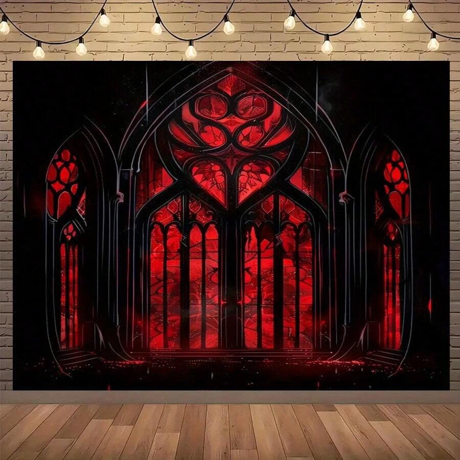 2D Flat  Gothic Black & R1d Vintage Stained Glass Window Design 2D Flat Banner - Large Wall Hanging For Halloween Party  Decor  Home & Living Room  Polyester  No Electricity Needed  Gothic Home Decor  Halloween Decorations  Gothic Style   Durable Fabric  Gothic R1d Black Backdrop/Panelling  Halloween Decoration Garage Door/Photo Backdrop  Cathedral  Banner/R1d Window Gothic  Halloween Banner  Wall Tapestry  Birthday Decor - 彩色 - 查看 1