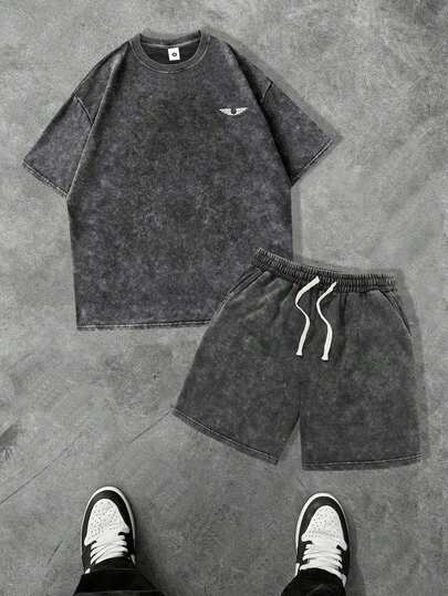 Conjunto deportivo de camiseta de manga corta casual + pantalones cortos para hombre, con ajuste relajado, tratamiento de lavado a la nieve, estilo urbano, para exterior, senderismo, playa, camiseta estampada y pantalones cortos con cordón en la cintura