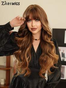 7JHH WIGS Tóc giả dài gợn sóng buông xõa màu vàng highlight có mái, tóc tổng hợp tự nhiên, chịu nhiệt, tóc giả uốn xoăn toàn thân màu vàng hoe dành cho nữ, sử dụng hàng ngày trong tiệc tùng, dài 30 inch - Vàng - Xem 5