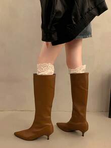 Women's French Pointed Toe Mini Stiletto Heel Knee-High Boots, 2025 Autumn/Winter New Style, Wide Shaft, Minimalist Solid Color, Sexy Fashion Versatile High Boots, Western Style, Elegant Fashion Long Boots, Riding Boots - Brown - View 3