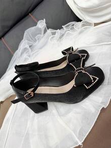 Cute Black High Heels For Teens, Square Toe With Bow & Rhinestone Decor, Elegant For Outdoor Daily, Romantic, Party, Music Performance In Autumn/Winter