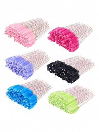 50支/100支装ins风水晶柄睫毛刷，一次性睫毛膏刷，多种仙气颜色可选，适合派对、约会、通勤等各种场合，四季皆宜，打造精致妆容，尼龙刷毛，水晶手柄，内置睫毛夹，不含眉刷，适合中性肌肤 - 黑色和粉色睫毛刷套装，学生旅行必备，便携式化妆刷美容工具